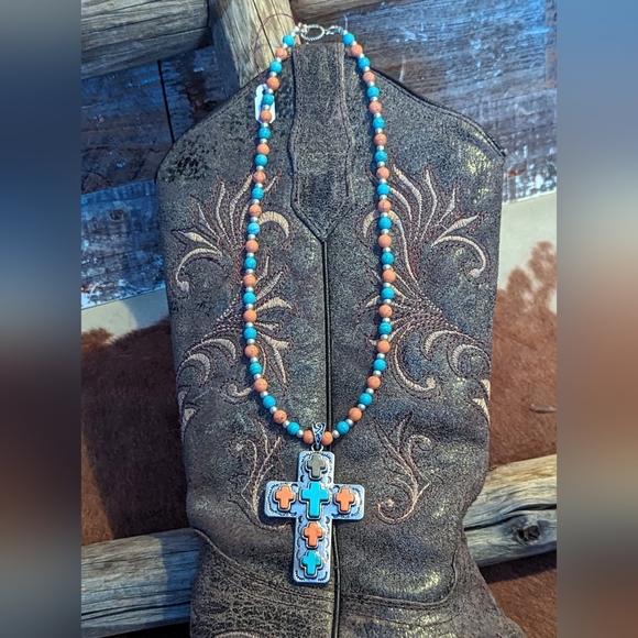 New Handcrafted Original Design Multi Colored Beaded Necklace With Cross Pendant - Picture 4 of 5